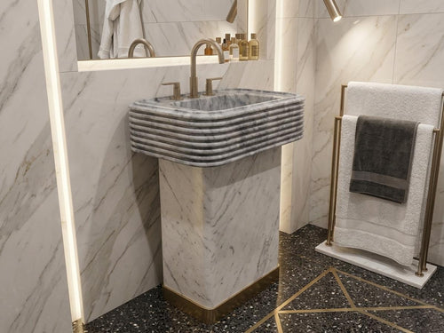 Gray Marble Hand-Carved Sink - Luxury Accordion Model  Bathroom Washbasin