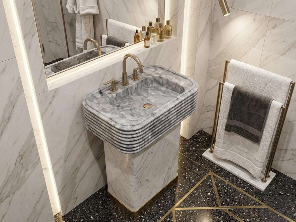 Gray Marble Hand-Carved Sink - Luxury Accordion Model  Bathroom Washbasin