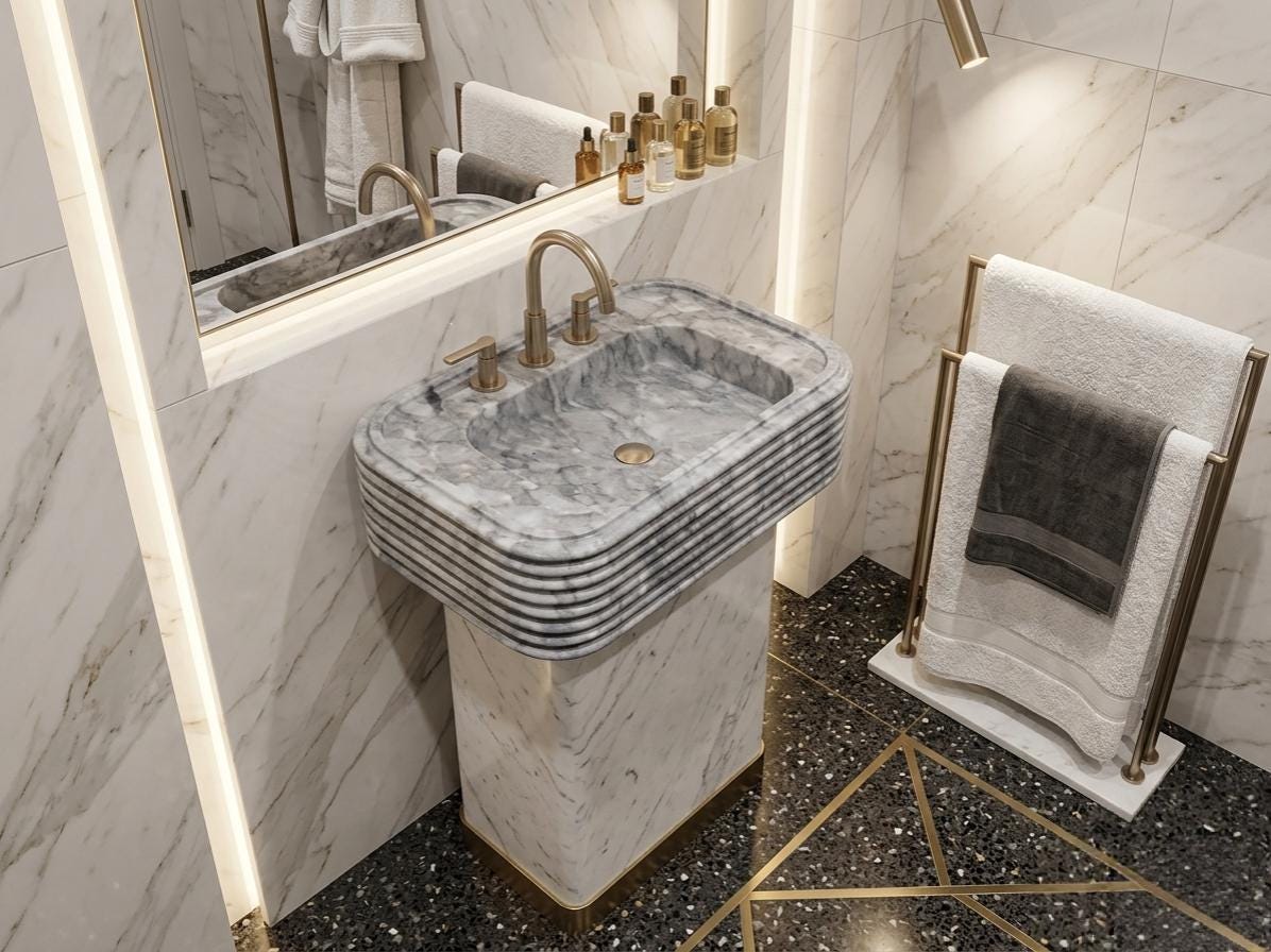 Gray Marble Hand-Carved Sink - Luxury Accordion Model  Bathroom Washbasin