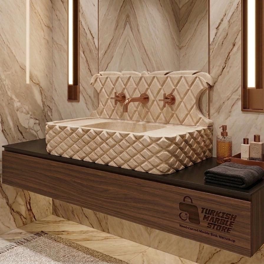 Handcarved Travertine Marble Sink, Countertop Basin, Natural Stone Washbasin
